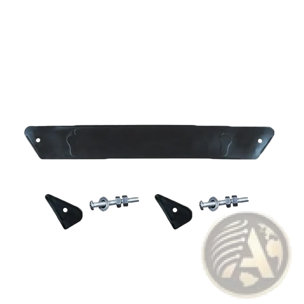 Black rubberized foot-shaped bumper guard with two triangular end caps and metal mounting hardware for stroller pedal extension