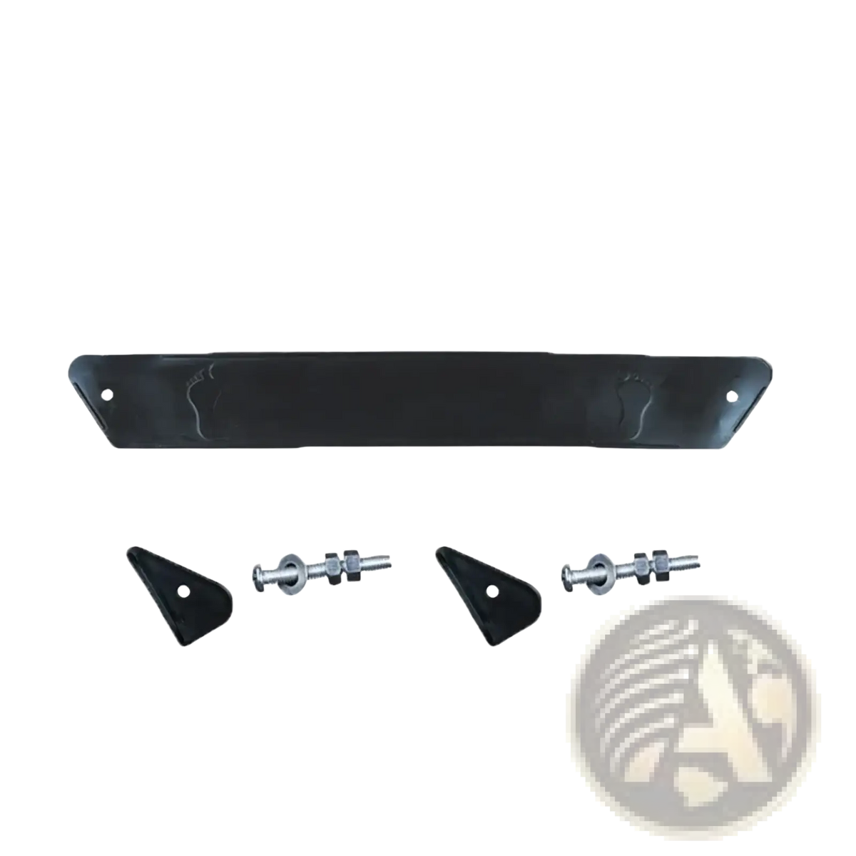 Black rubberized foot-shaped bumper guard with two triangular end caps and metal mounting hardware for stroller pedal extension