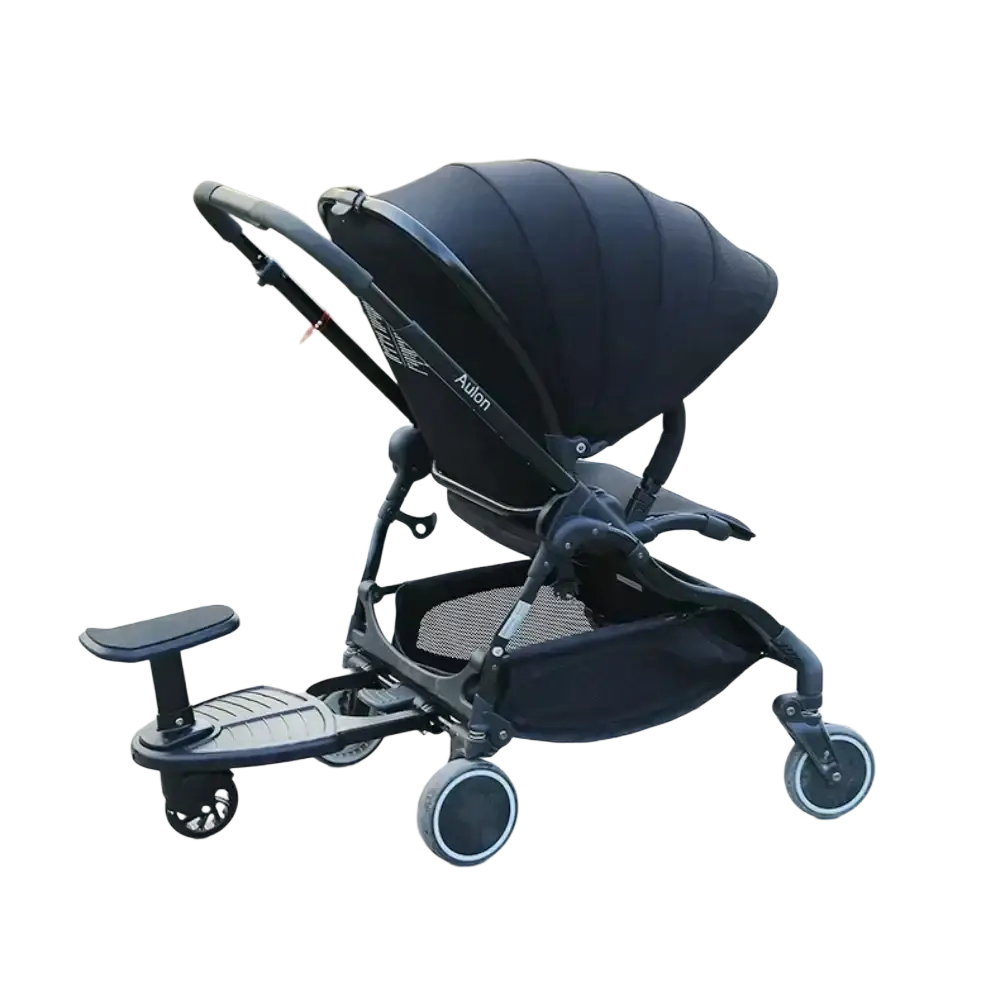 Black aulon stroller with canopy mesh storage basket and attached footboard shown from the back side