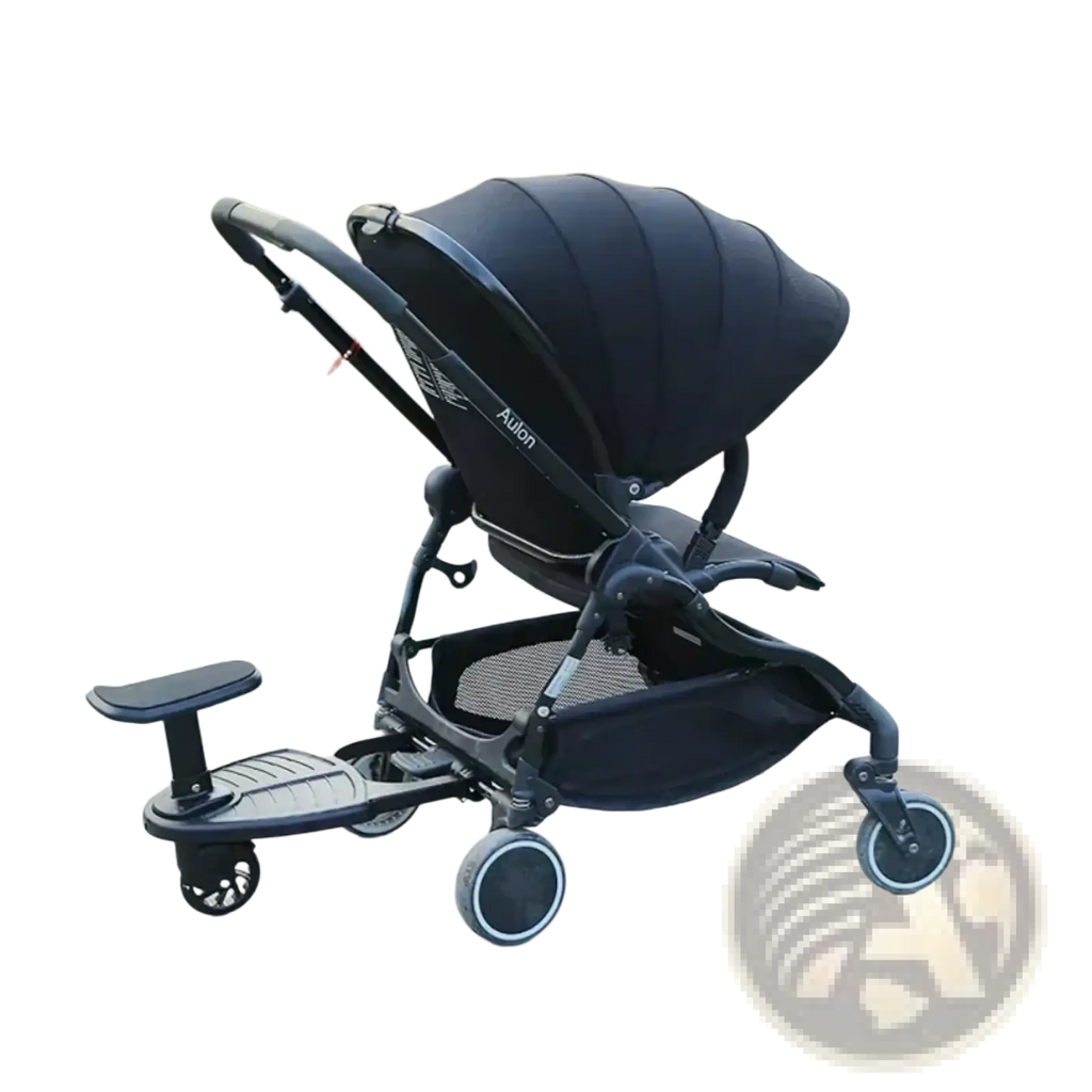 Black aulon stroller with canopy mesh storage basket and attached footboard shown from the back side