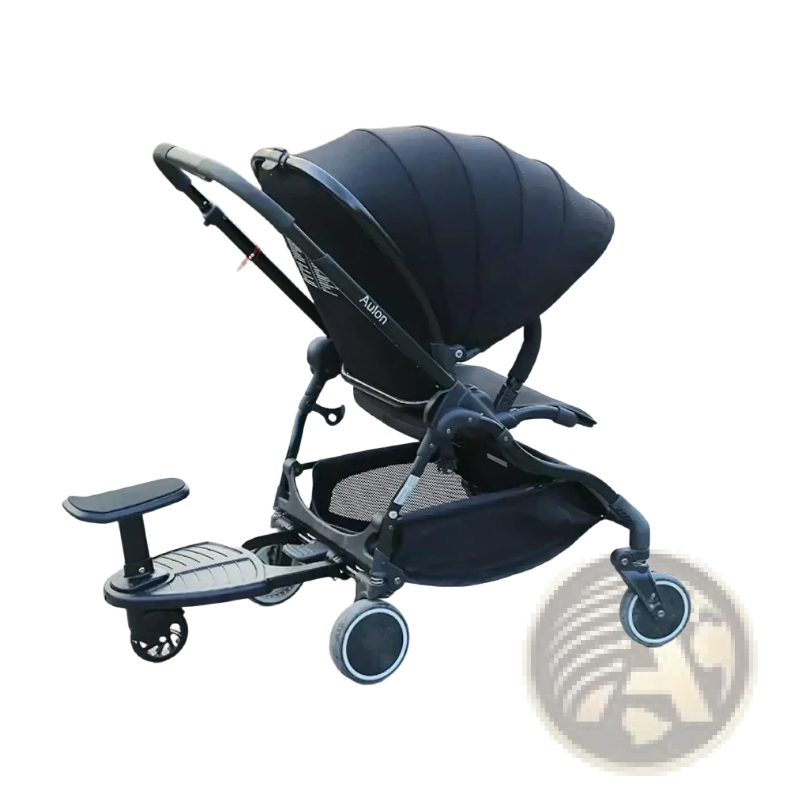 Black aulon stroller with canopy mesh storage basket and attached footboard shown from the back side