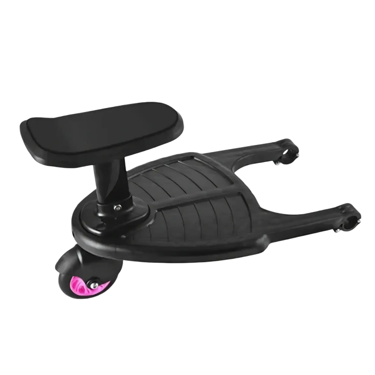 Black stroller glider board with detachable padded seat and pink wheels designed for child ride-on use