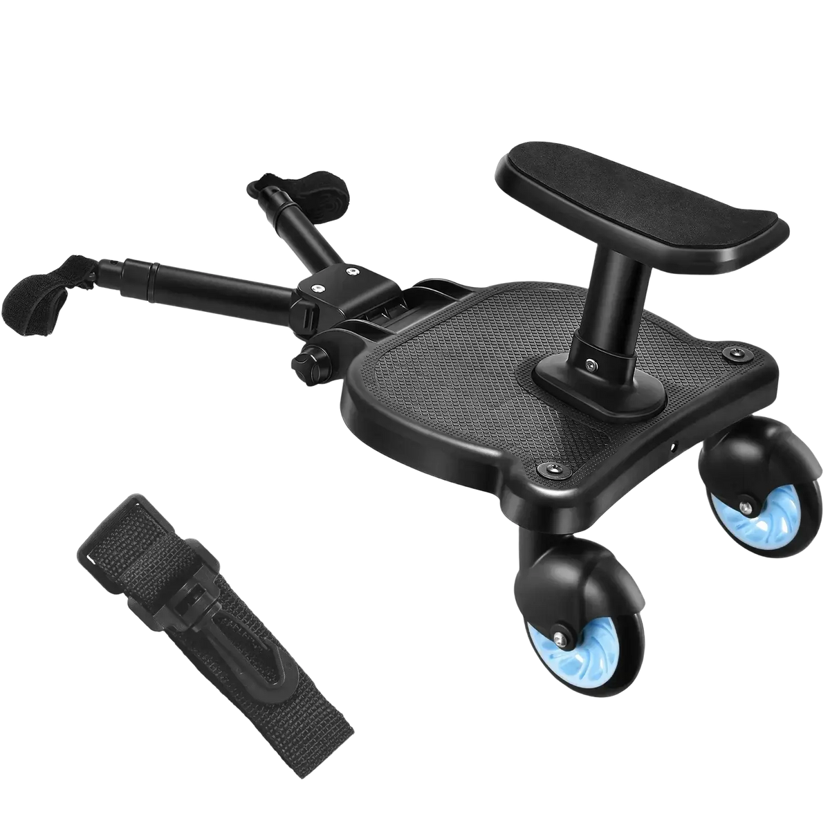 Black stroller glider board with detachable seat featuring textured grip and blue translucent wheels with adjustable handlebar
