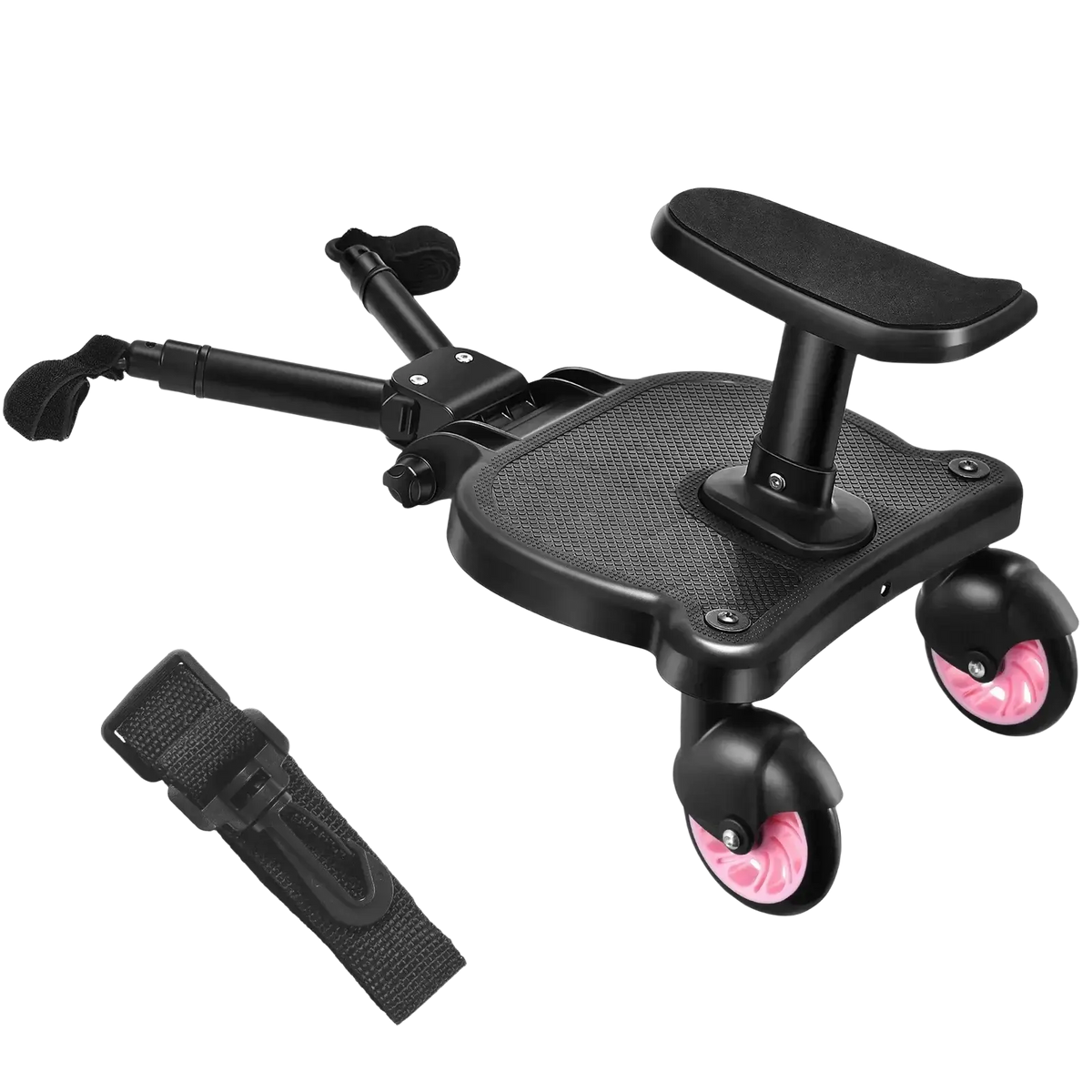 Black stroller glider board with detachable ride-on seat featuring textured grip surface, pink wheels, and adjustable handlebar