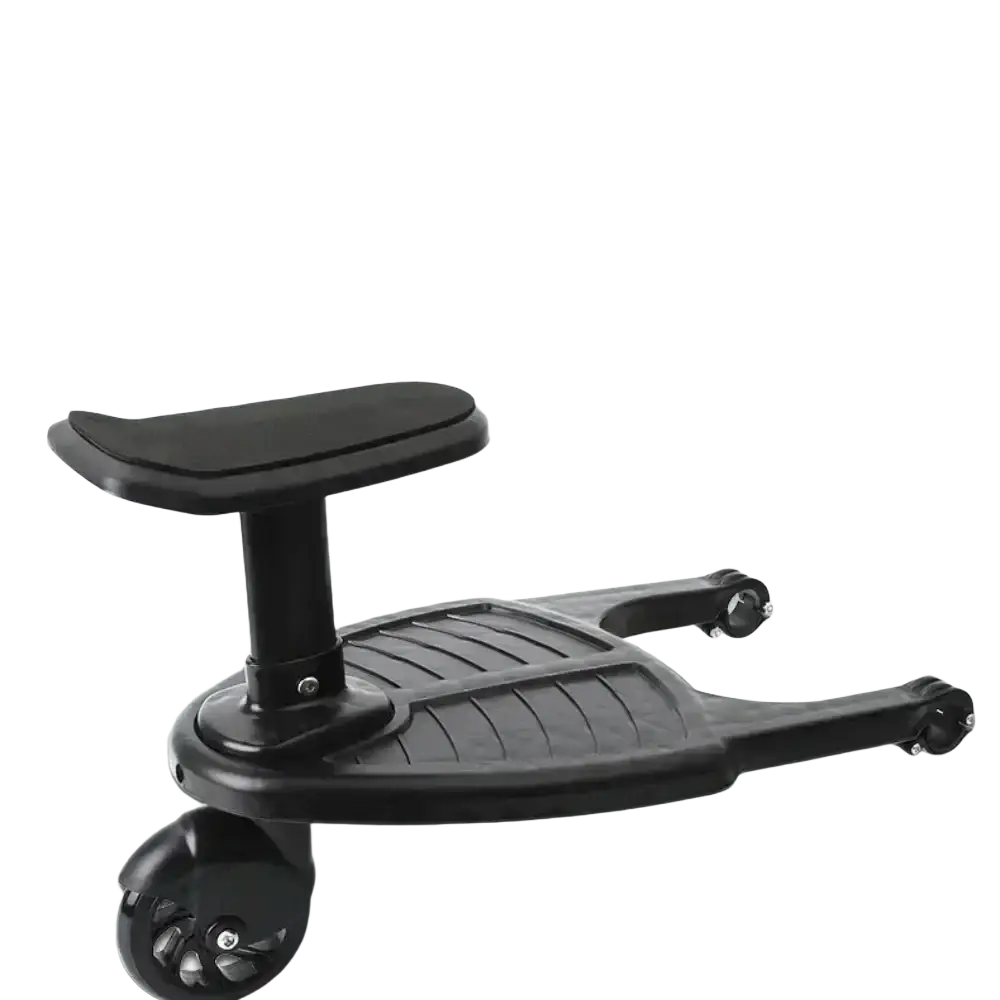 Black plastic stroller glider board seat attachment with contoured cushioned pad and four small wheels