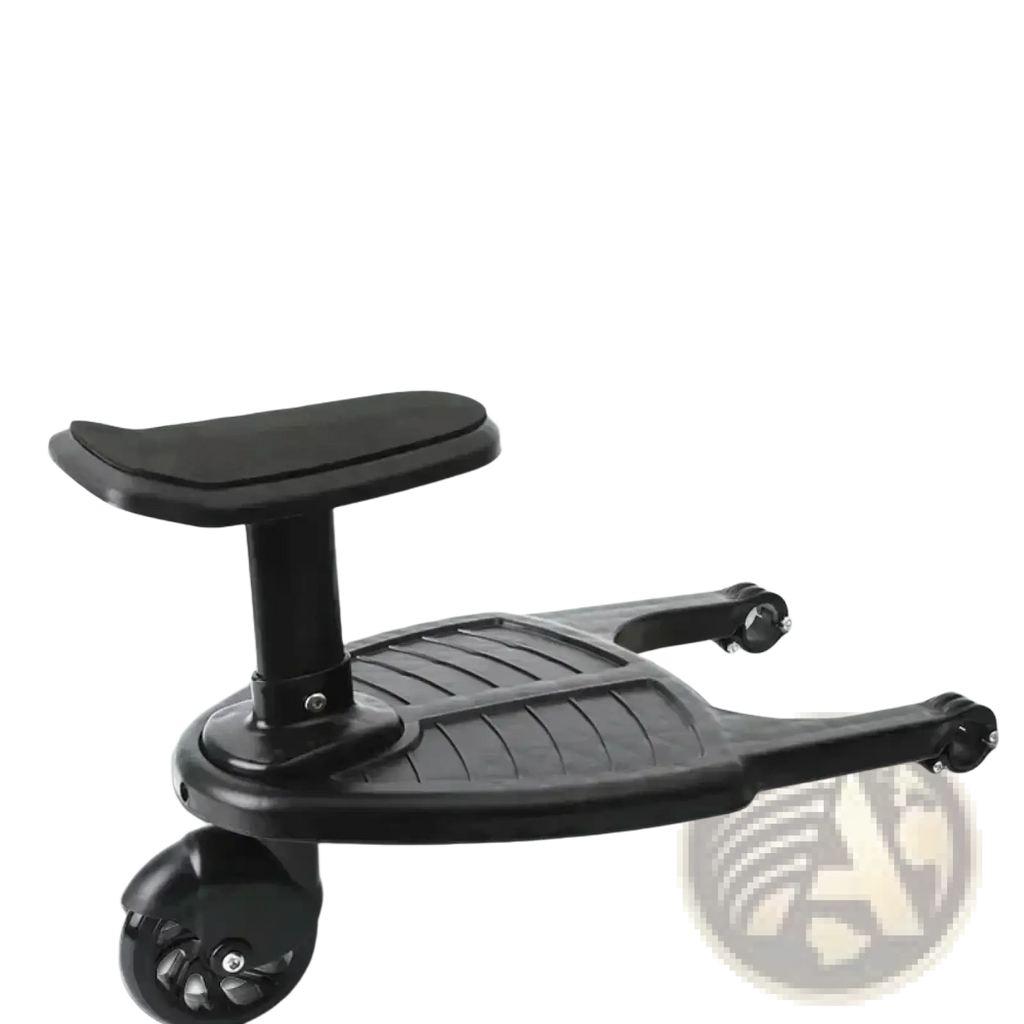 Black plastic stroller glider board seat attachment with contoured cushioned pad and four small wheels