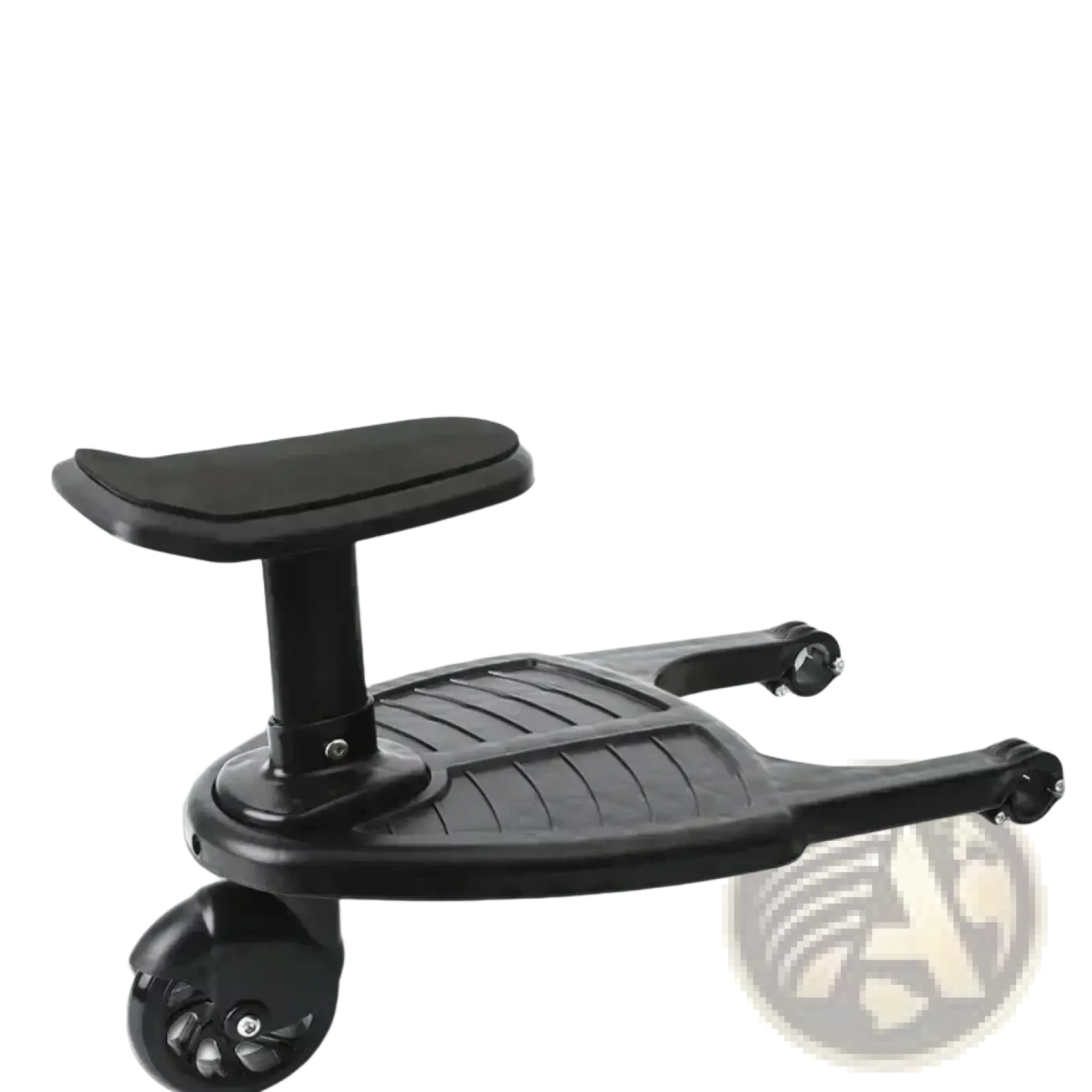Black plastic stroller glider board seat attachment with contoured cushioned pad and four small wheels