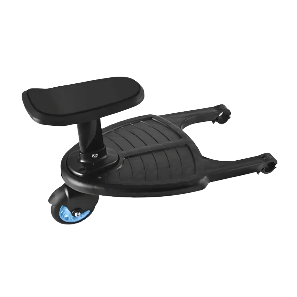 Black plastic stroller glider board with detachable child seat, blue wheels, and padded handle shown from the back side