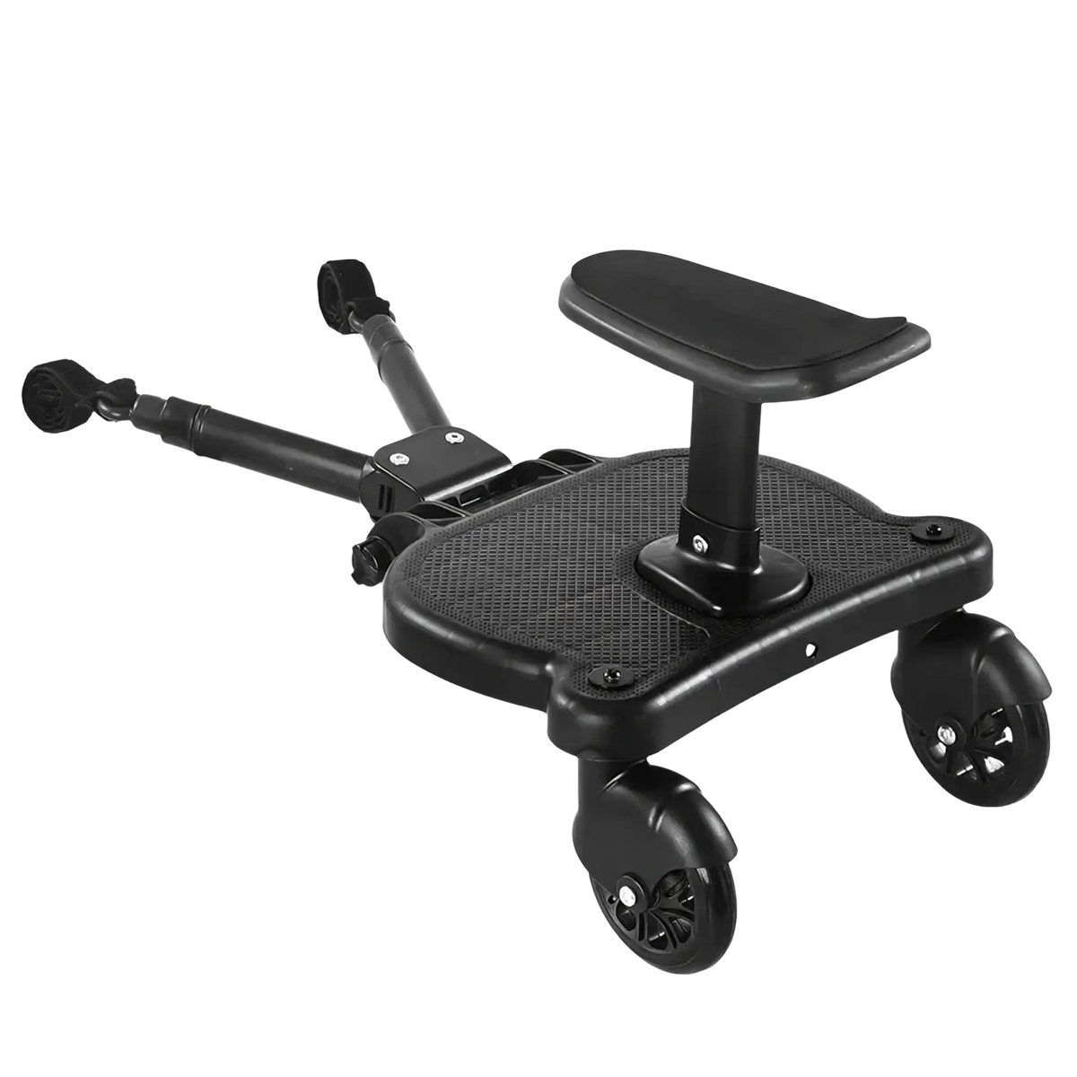 Black plastic stroller glider board with detachable child seat, textured grip surface, and four wheels shown from the back side