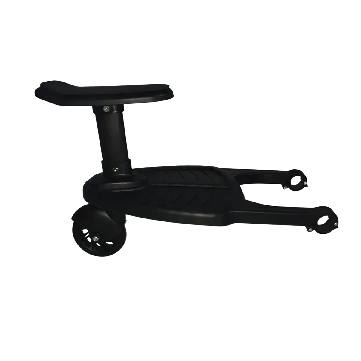 Black plastic stroller glider board with detachable child seat featuring padded handle textured footrest and wheels back view