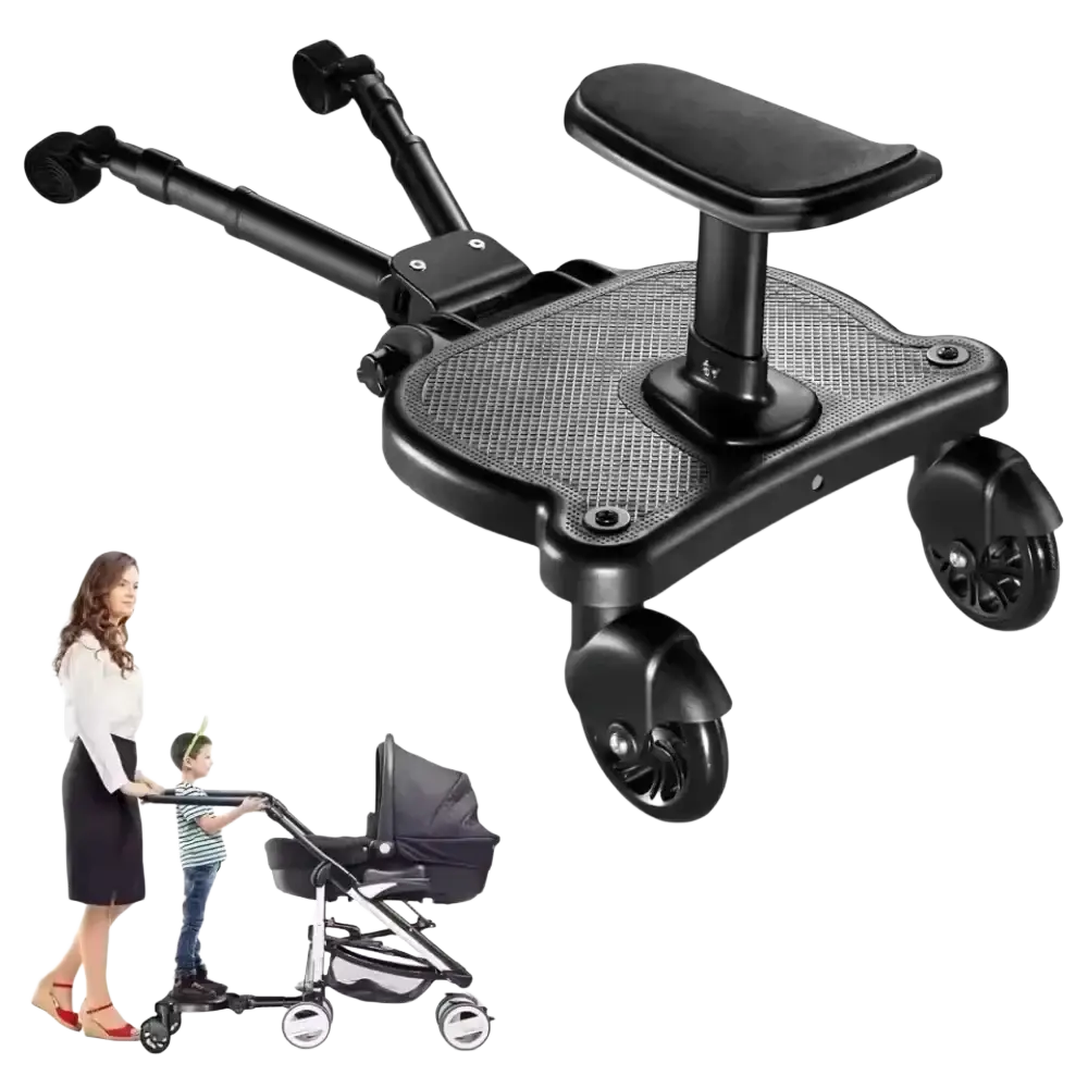 Black plastic and rubber stroller glider board with detachable seat featuring adjustable arms and textured grip surface