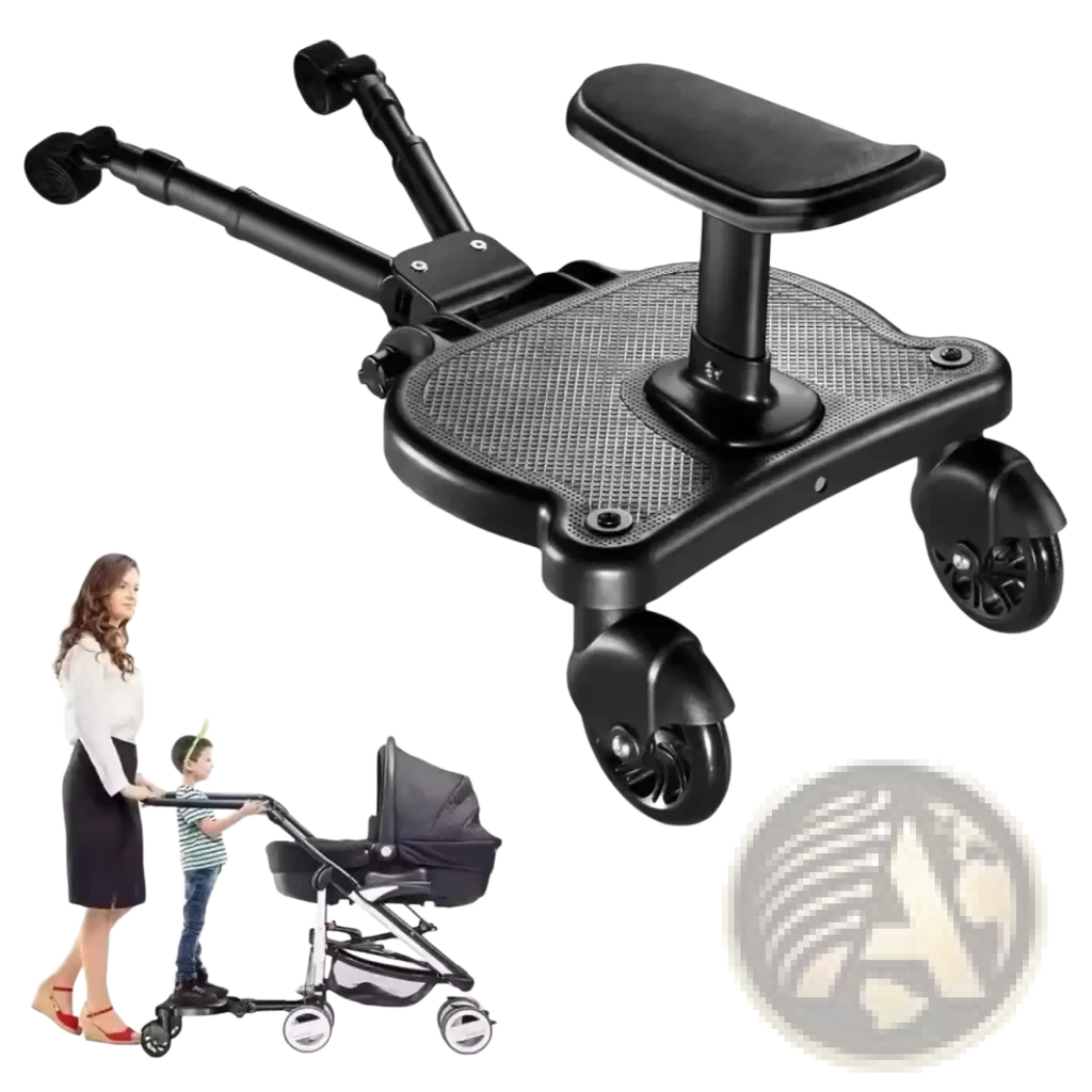 Black plastic and rubber stroller glider board with detachable seat featuring adjustable arms and textured grip surface