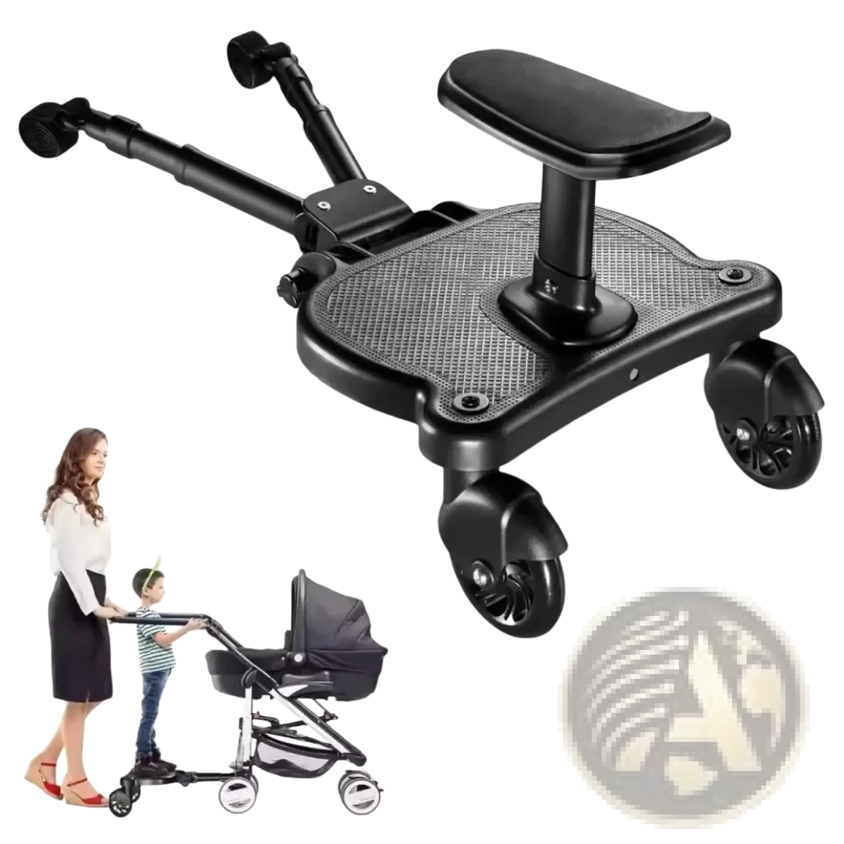 Black plastic and rubber stroller glider board with detachable seat featuring adjustable arms and textured grip surface