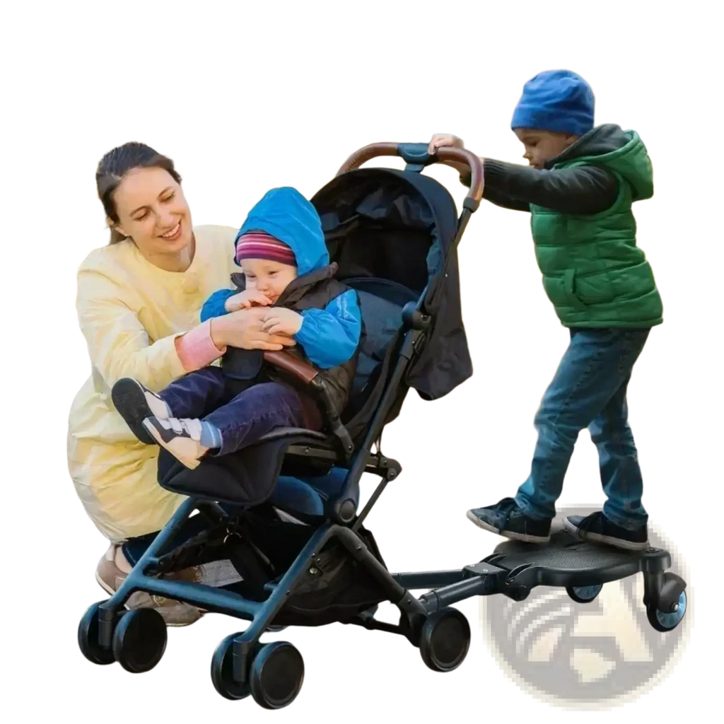 Black stroller glider board with wooden handle and detachable seat showing the rear side with four wheels and standing platform