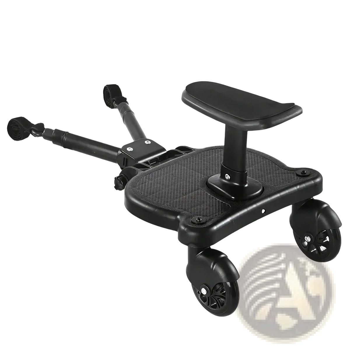 Black plastic stroller glider board with detachable child seat, textured grip surface, and four wheels shown from the back side
