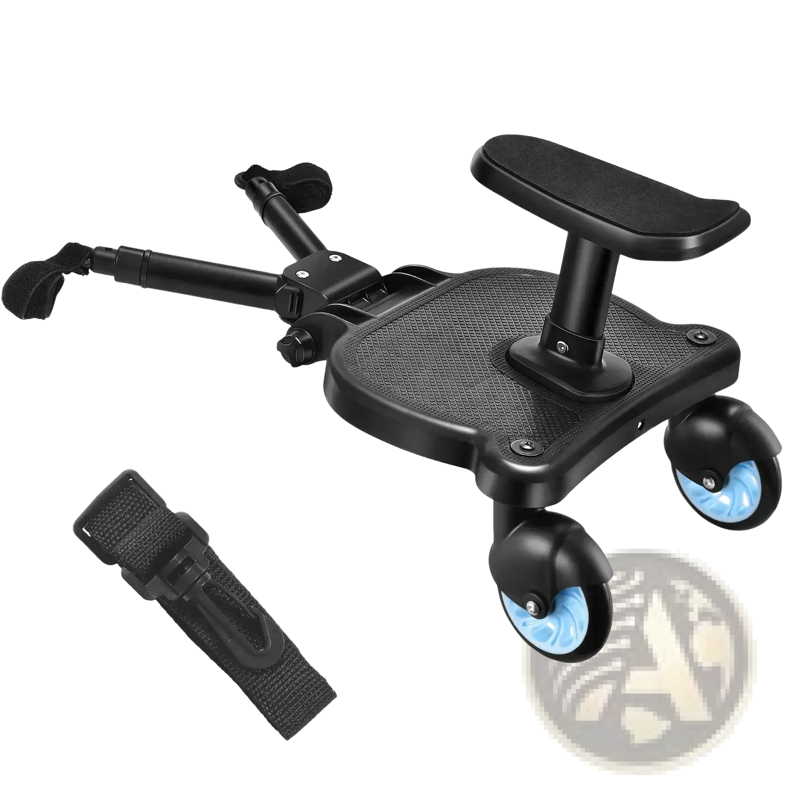 Black stroller glider board with detachable seat featuring textured grip and blue translucent wheels with adjustable handlebar