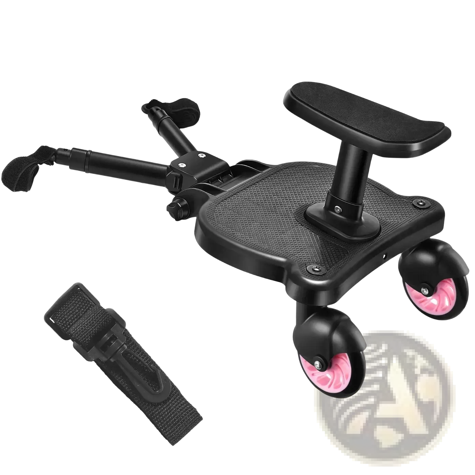 Black stroller glider board with detachable ride-on seat featuring textured grip surface, pink wheels, and adjustable handlebar
