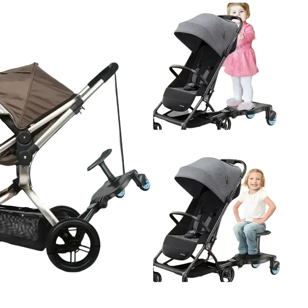 Gray and black foldable stroller with a detachable seat and glider board platform attachment shown from the back side