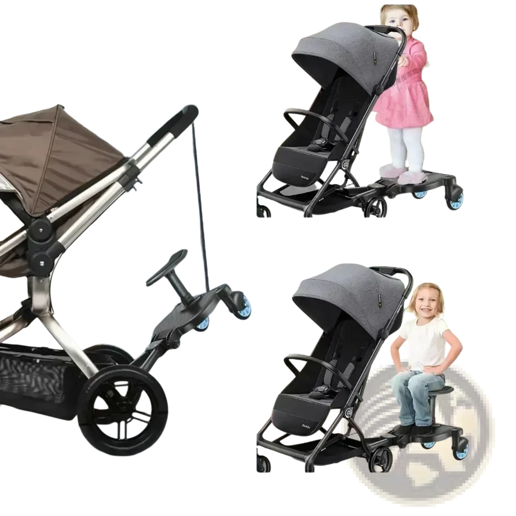 Gray and black foldable stroller with a detachable seat and glider board platform attachment shown from the back side