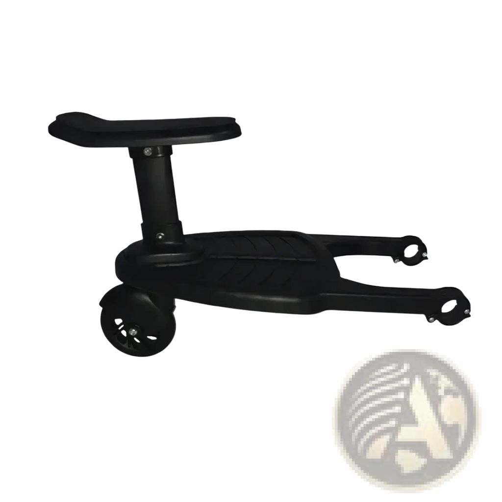 Black plastic stroller glider board with detachable child seat featuring padded handle textured footrest and wheels back view