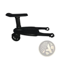 Black plastic stroller glider board with detachable child seat featuring padded handle textured footrest and wheels back view