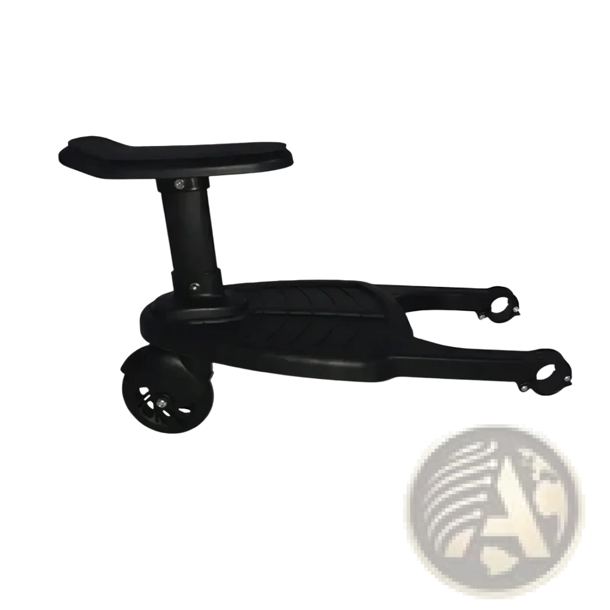 Black plastic stroller glider board with detachable child seat featuring padded handle textured footrest and wheels back view