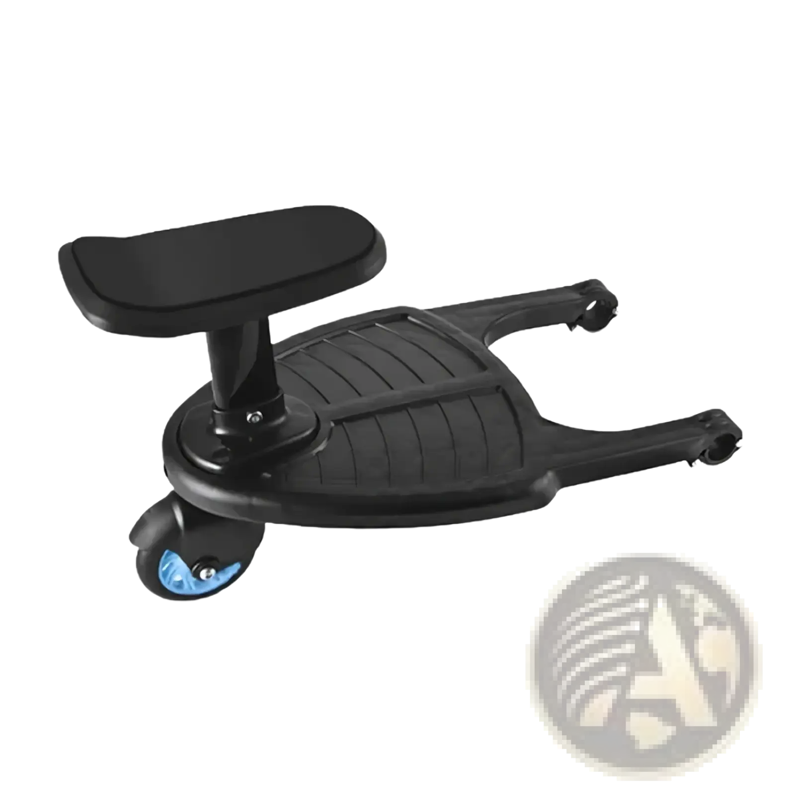 Black plastic stroller glider board with detachable child seat, blue wheels, and padded handle shown from the back side