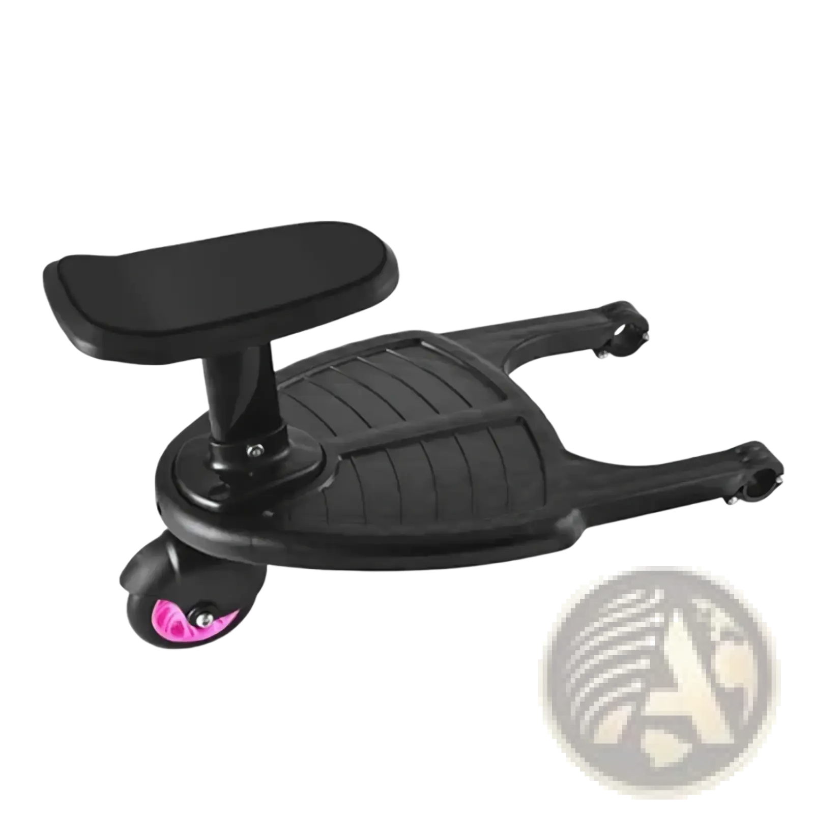 Black stroller glider board with detachable padded seat and pink wheels designed for child ride-on use