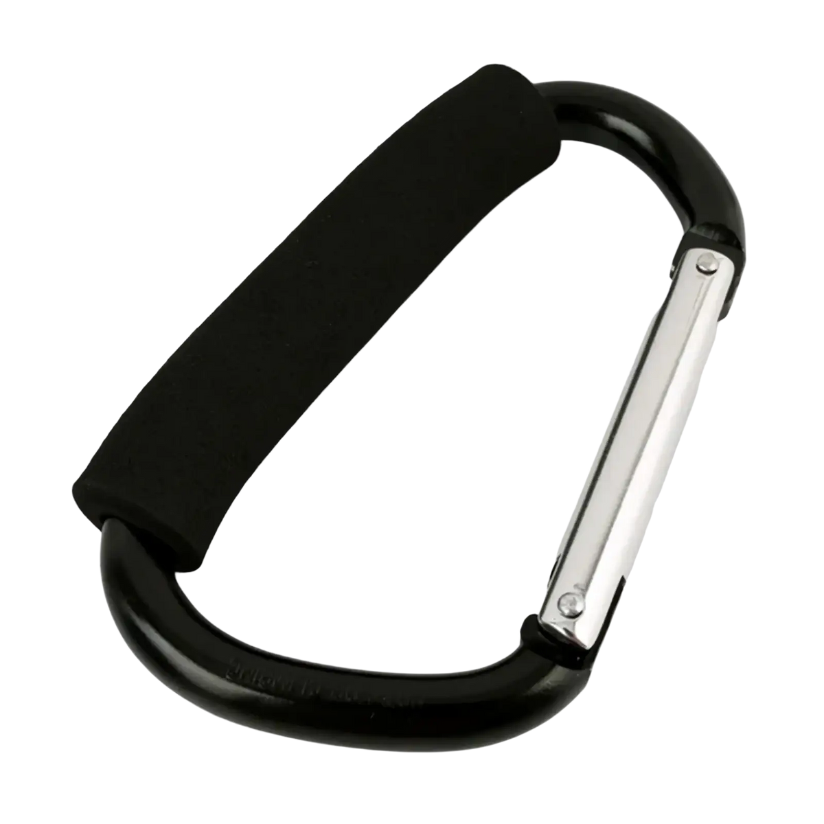 Black aluminum alloy stroller hook pram hanger with foam grip and silver-toned gate for secure attachment