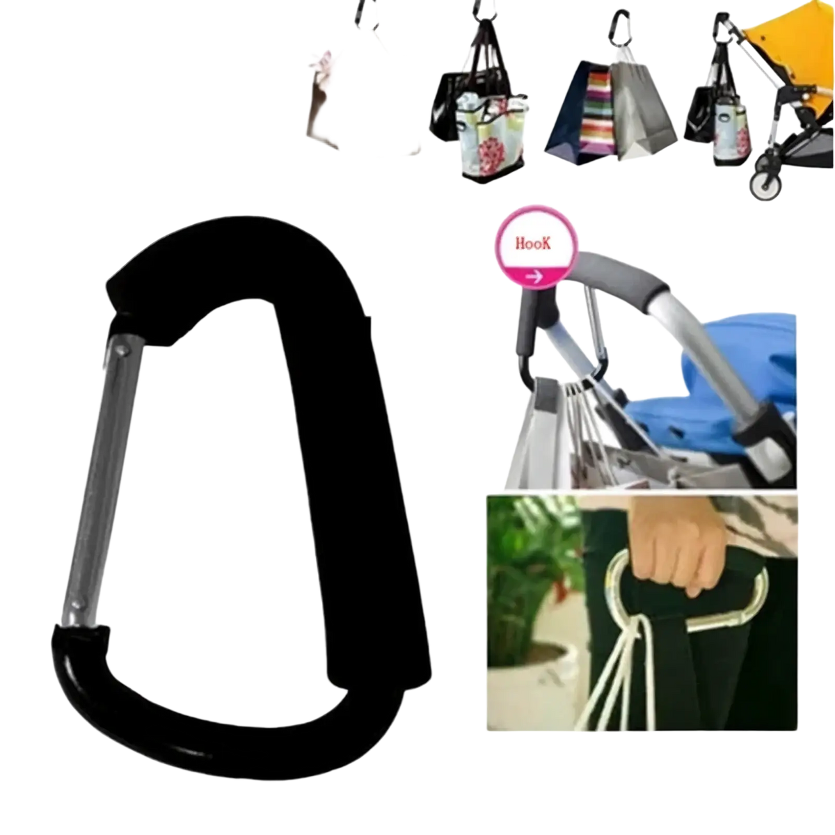 Black stroller hook aluminum alloy pram hanger featuring a silver metal gate and textured grip carabiner design