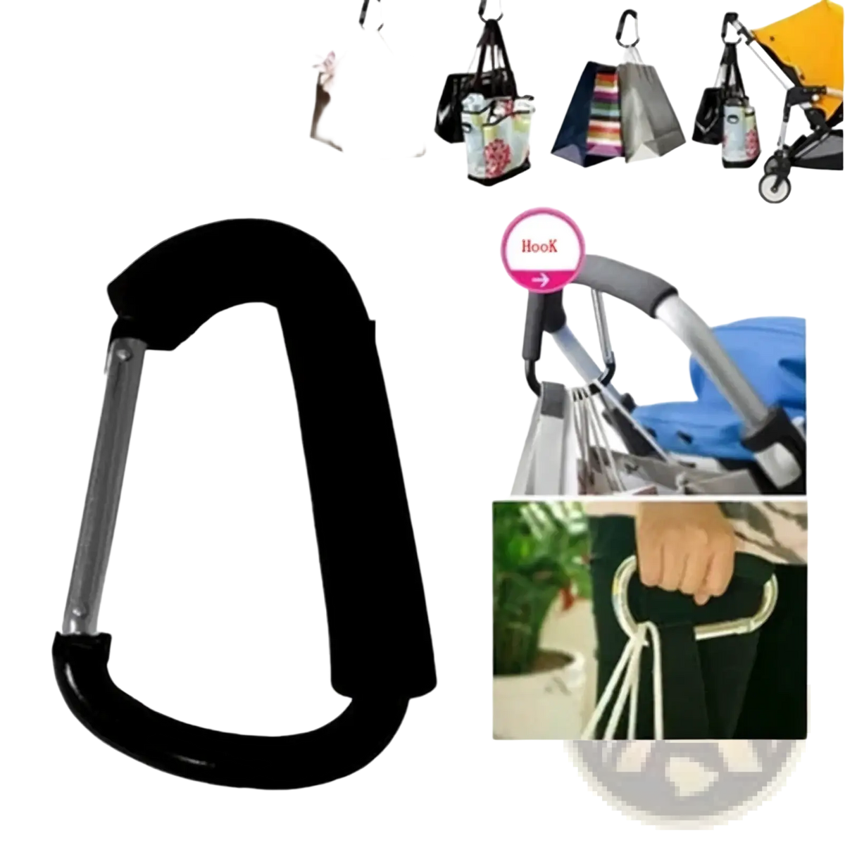 Black stroller hook aluminum alloy pram hanger featuring a silver metal gate and textured grip carabiner design