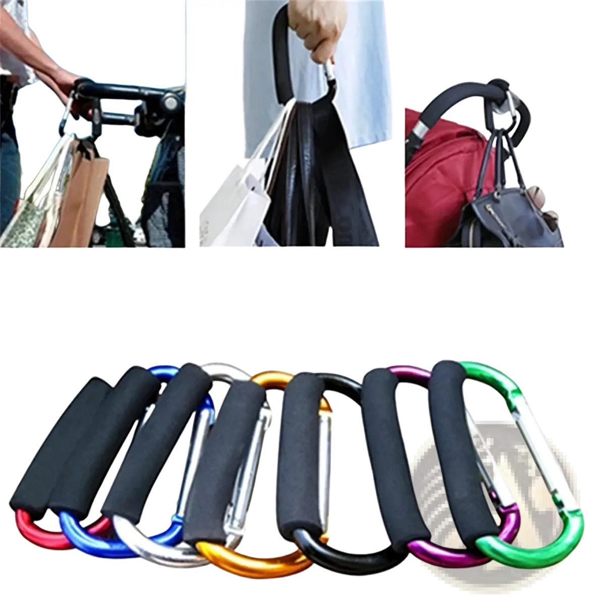 Colorful stroller hook aluminum alloy pram hangers with black rubberized grips in red blue silver gold black purple and green