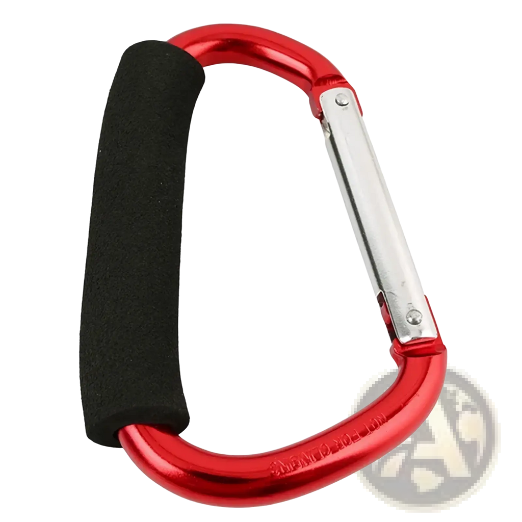Red aluminum alloy stroller hook with black foam grip handle and silver metal gate for pram hanger use