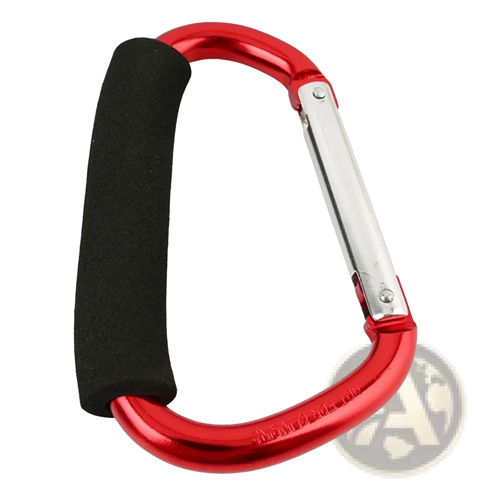Red aluminum alloy stroller hook with black foam grip handle and silver metal gate for pram hanger use