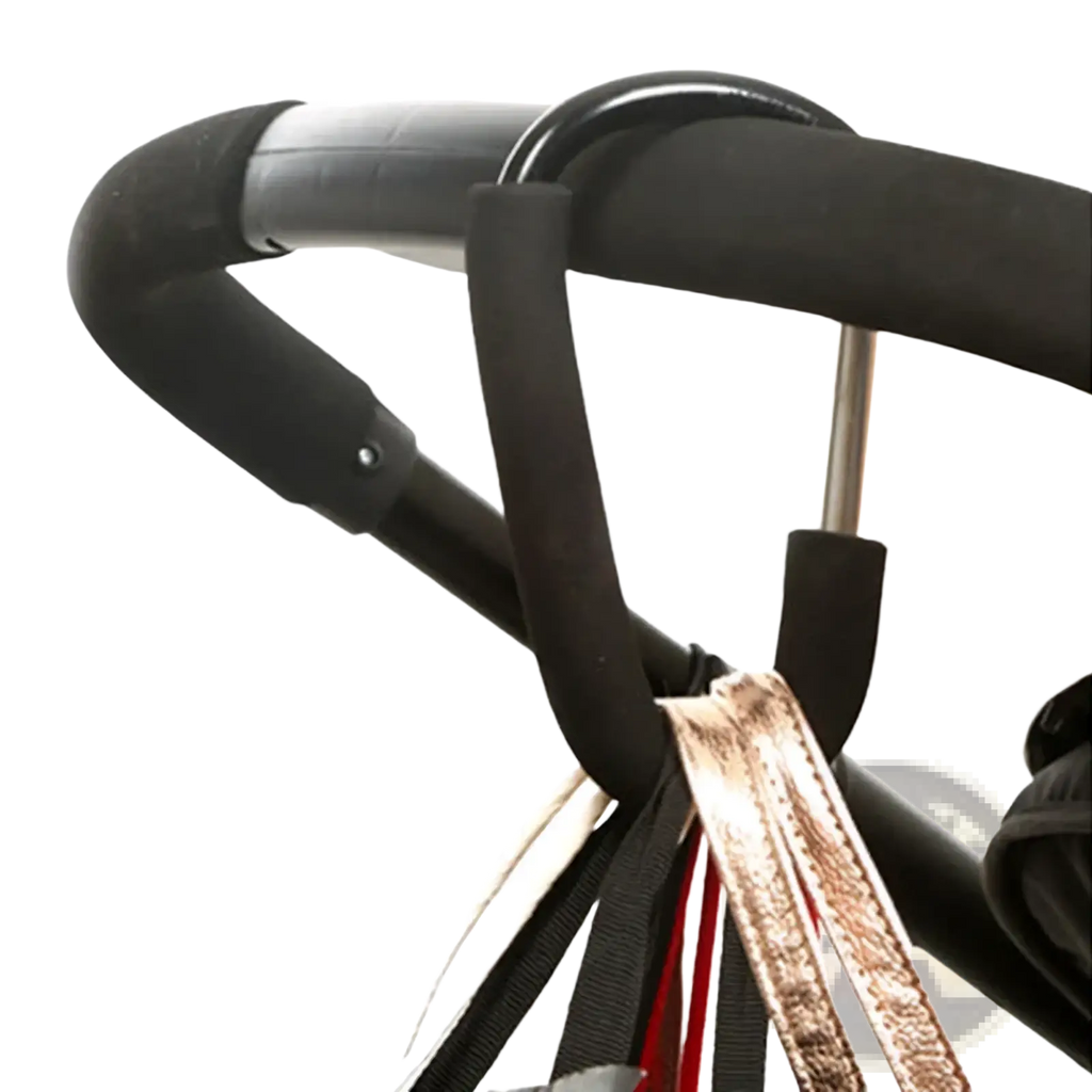 Black rubberized aluminum alloy stroller hook with curved design for securely holding bags and accessories
