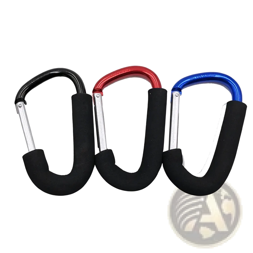 Three stroller hook aluminum alloy pram hangers with black rubberized grips in red silver and blue metallic frames