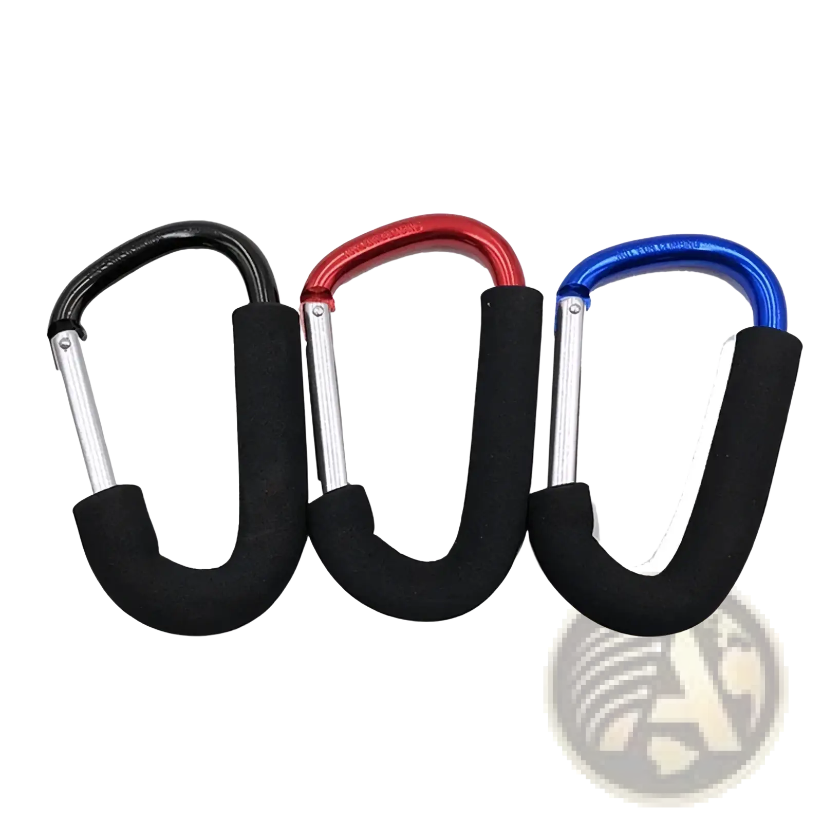 Three stroller hook aluminum alloy pram hangers with black rubberized grips in red silver and blue metallic frames