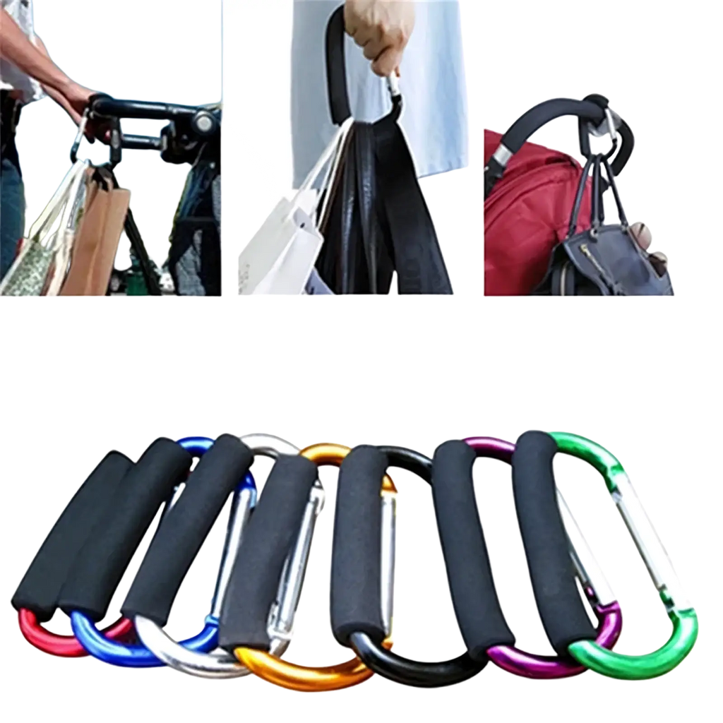 Colorful stroller hook aluminum alloy pram hangers with black rubberized grips in red blue silver gold black purple and green