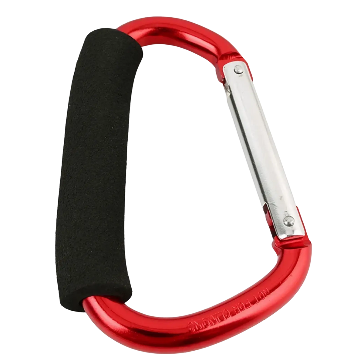 Red aluminum alloy stroller hook with black foam grip handle and silver metal gate for pram hanger use