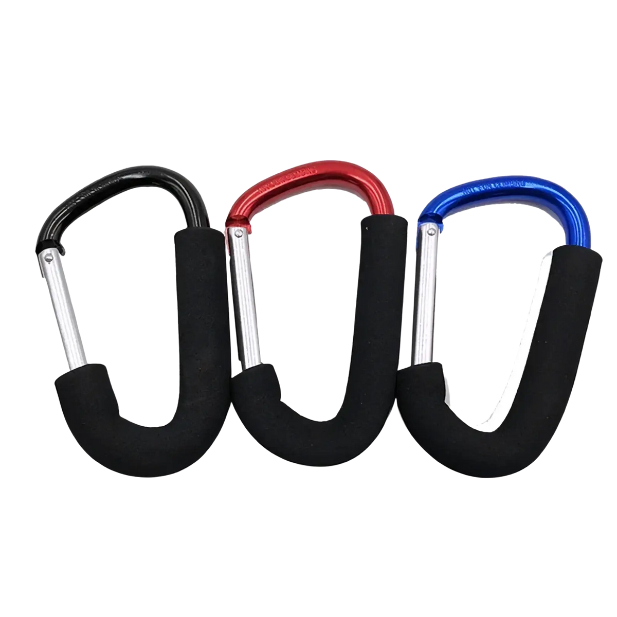 Three stroller hook aluminum alloy pram hangers with black rubberized grips in red silver and blue metallic frames