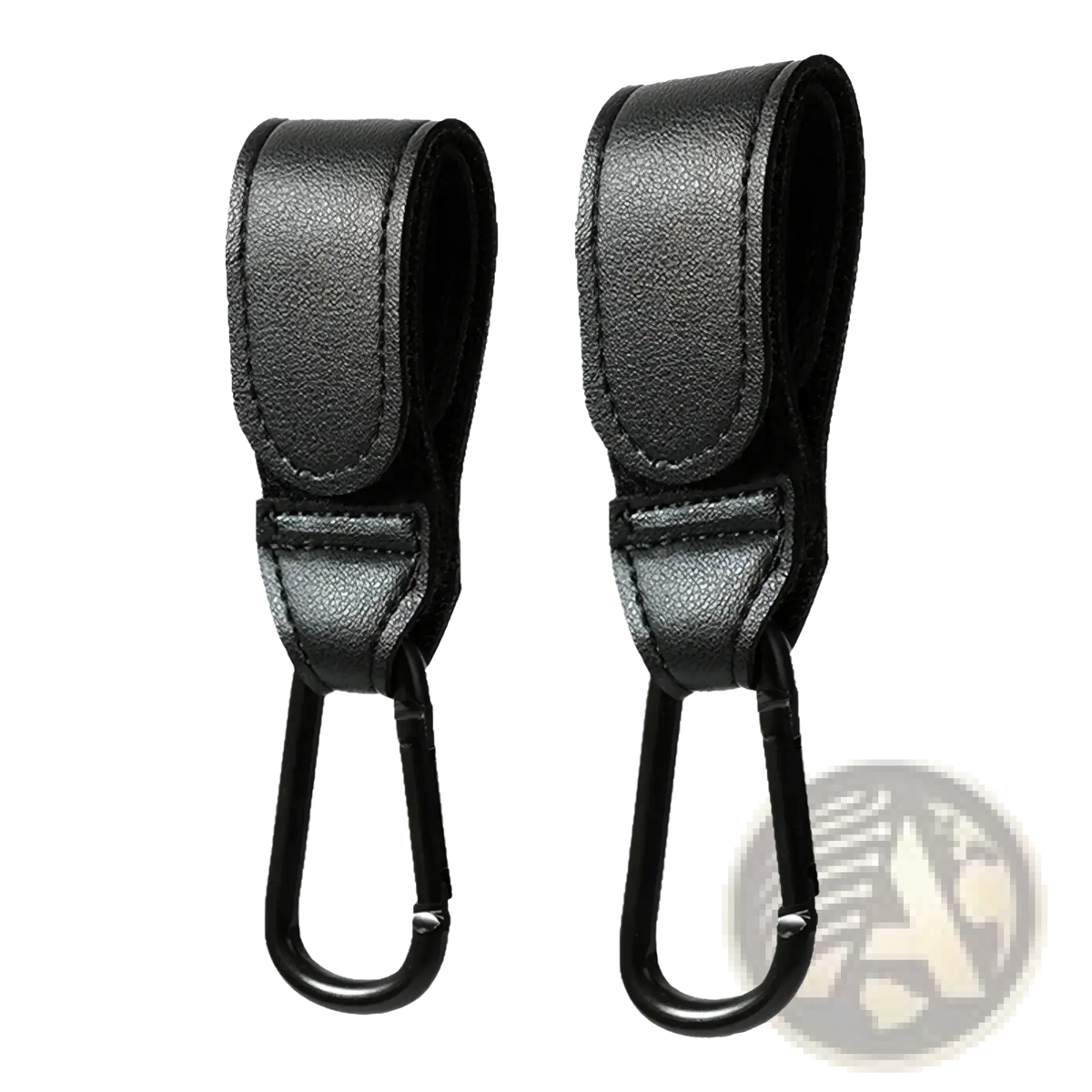 Black leather stroller hooks with adjustable pram bag hanger and metal carabiner clips for secure attachment