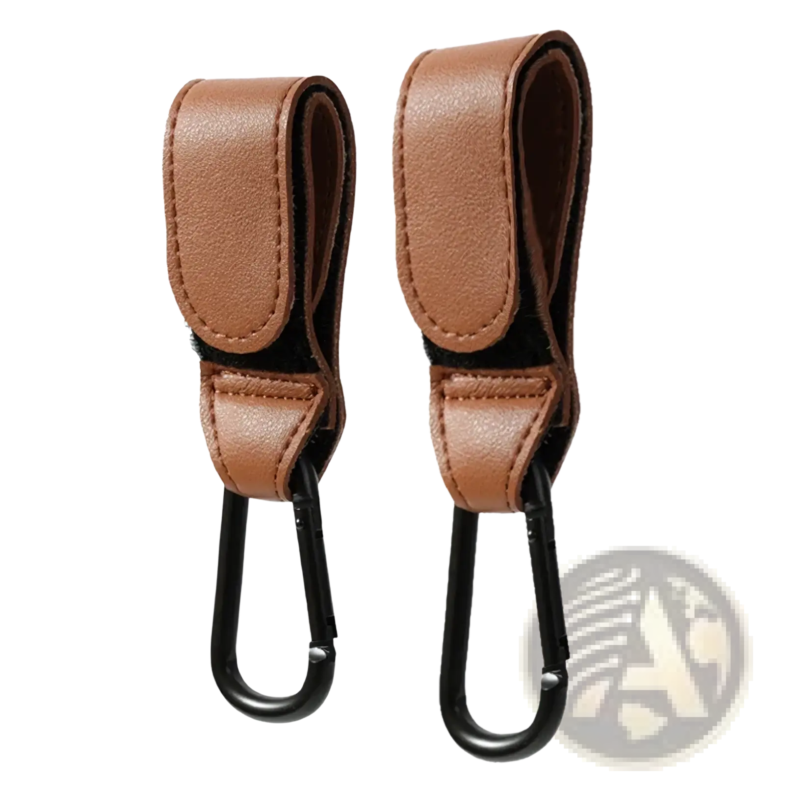 Brown leather stroller hooks with black metal carabiner clips adjustable pu leather pram bag hanger close-up