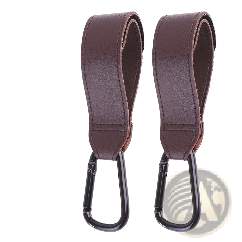 Brown leather stroller hooks with black metal clasps adjustable pu leather pram bag hanger straps