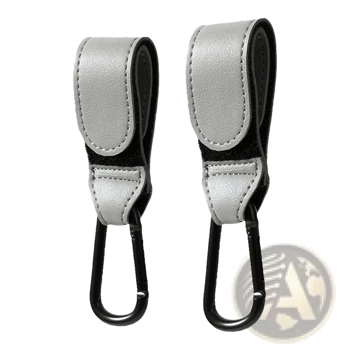 Silver faux leather stroller hooks with black metal carabiner clips for adjustable pram bag hanging and car seat belt straps