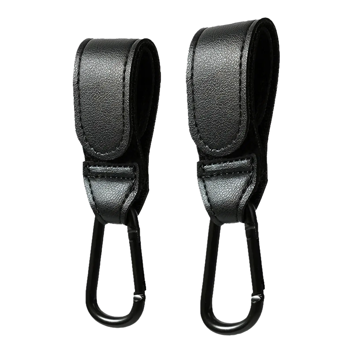 Black leather stroller hooks with adjustable pram bag hanger and metal carabiner clips for secure attachment