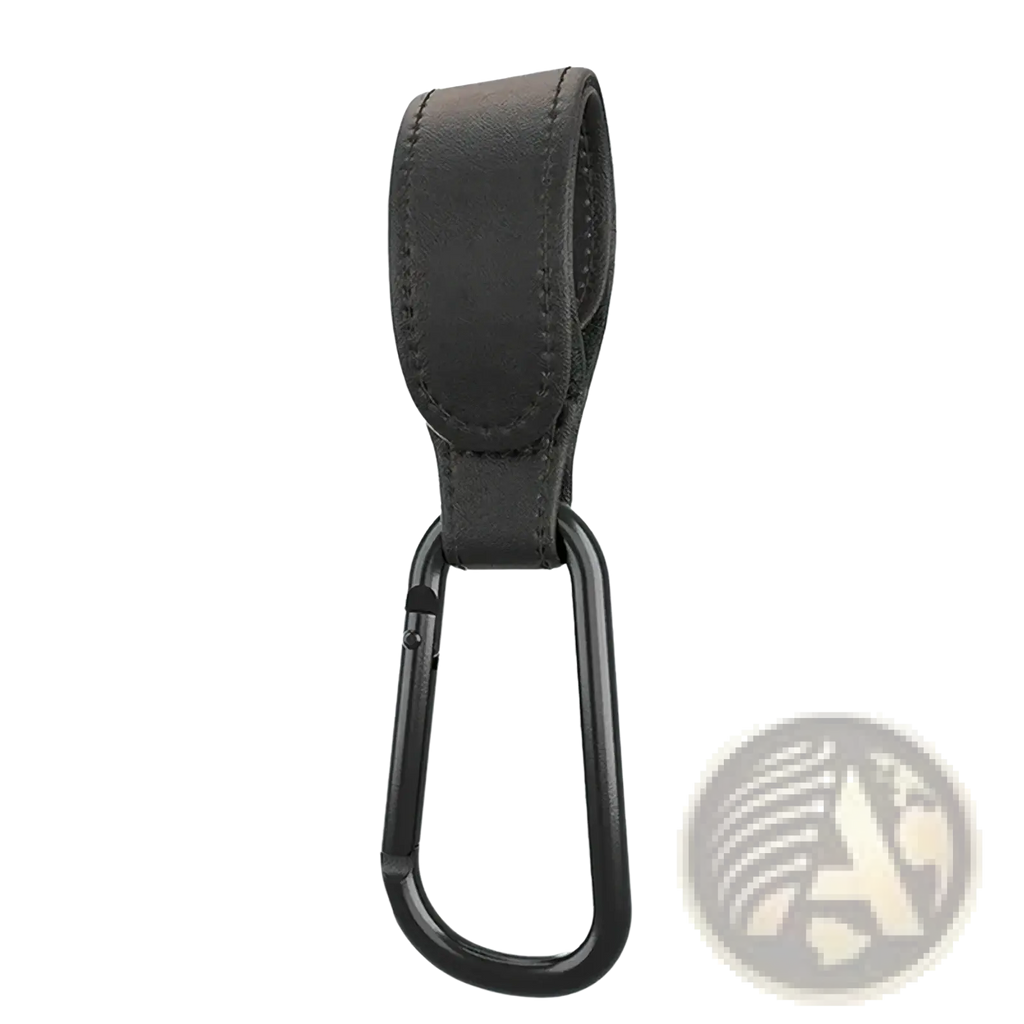Black leather strap stroller hook with black carabiner clip adjustable pu leather pram bag hanger