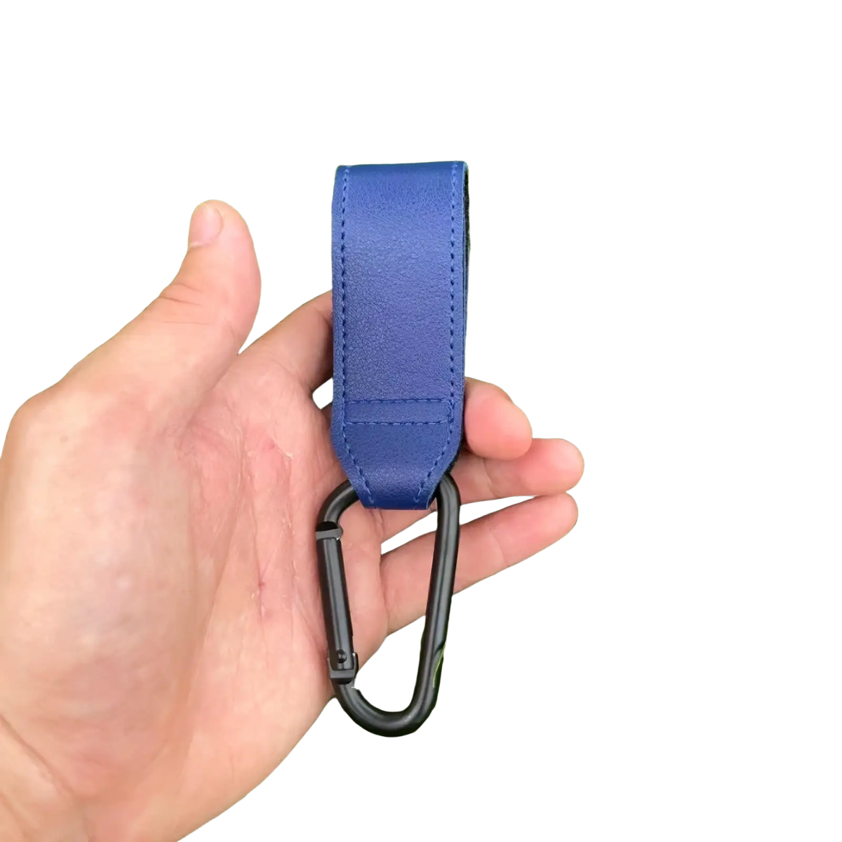 Blue leather strap stroller hook with black carabiner clip adjustable pu leather pram bag hanger