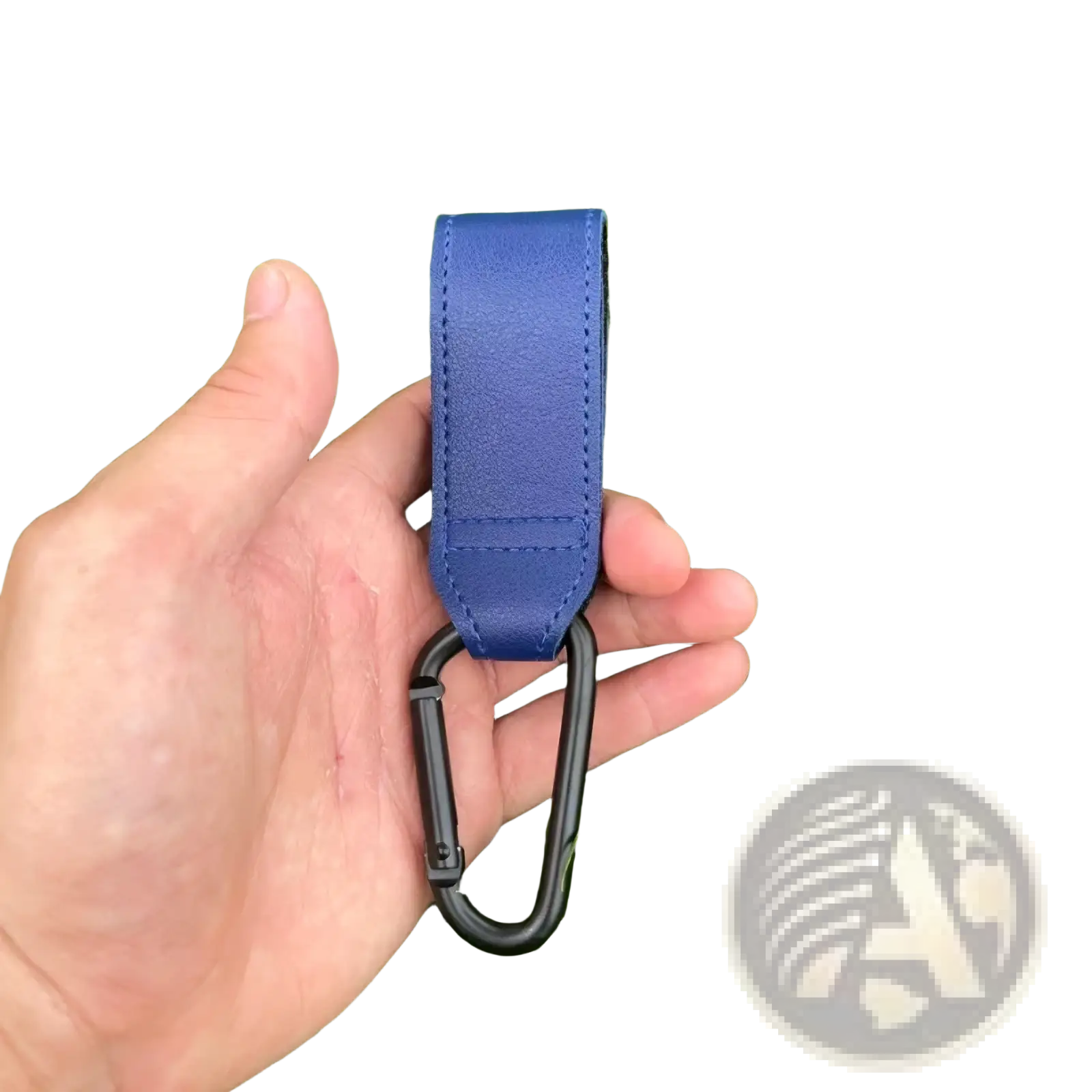 Blue leather strap stroller hook with black carabiner clip adjustable pu leather pram bag hanger