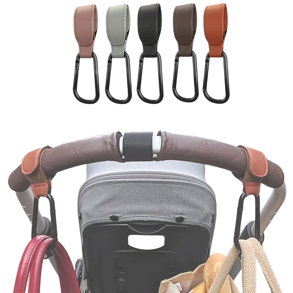 Brown leather stroller hook with black carabiner clip made of pu leather for adjustable pram bag hanging