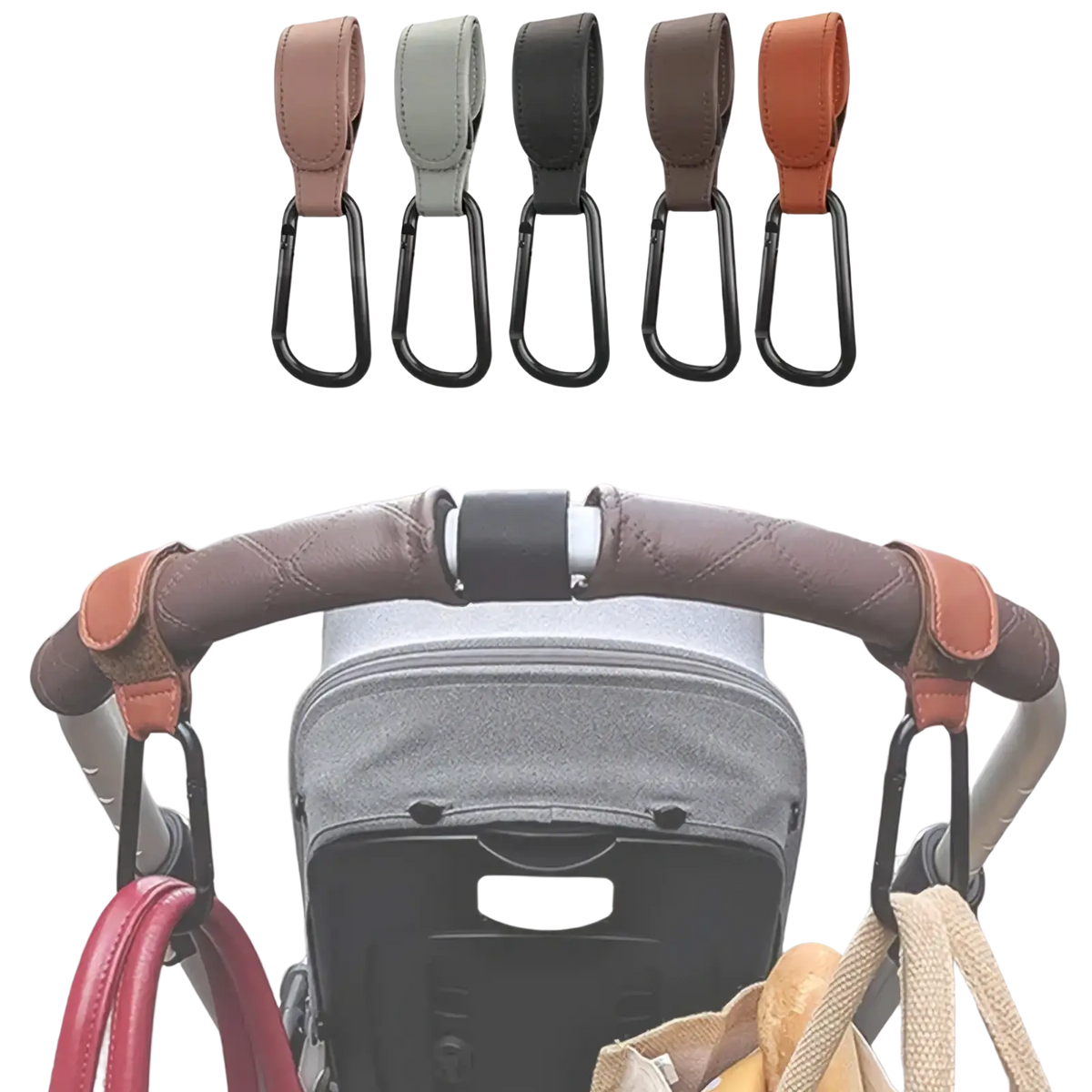 Brown leather stroller hook with black carabiner clip made of pu leather for adjustable pram bag hanging